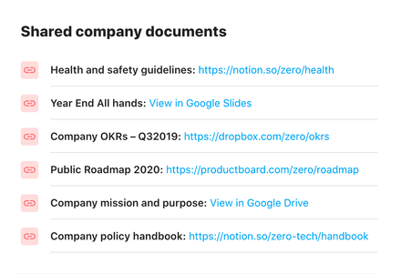 A list of shared company documents