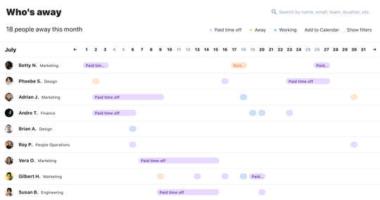 Absence tracking calendar view showing a bunch of people that have taken time off
