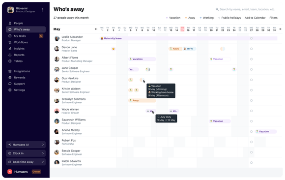 Absence Management calendar view showing who is away this month