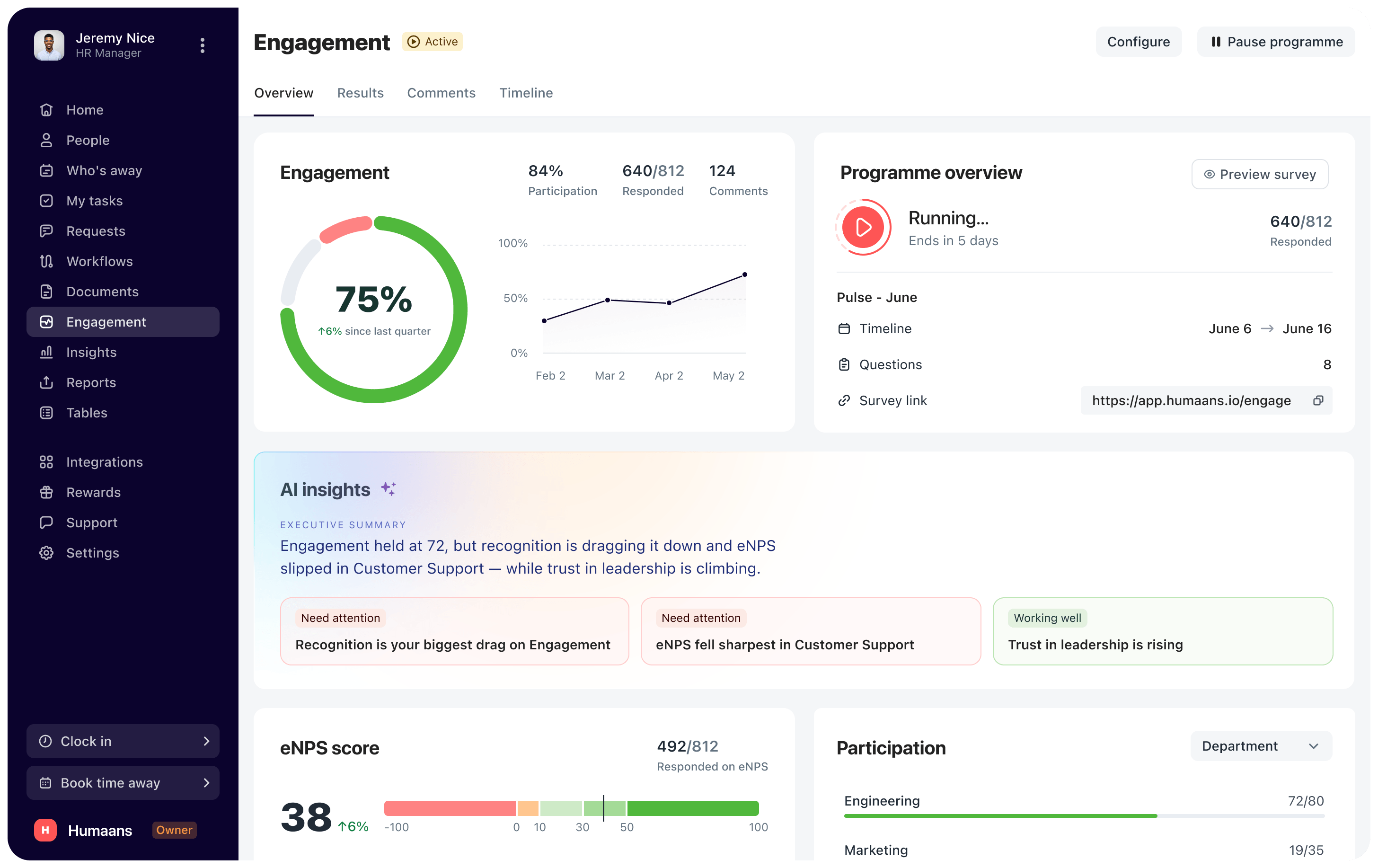 Engagement survey overview dashboard showing score, eNPS, trend, and heat-map