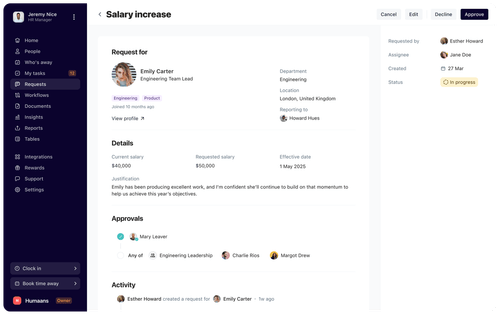 Request details page showing a salary increase request