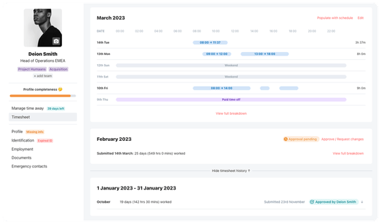 View of the timesheet of one of the employee