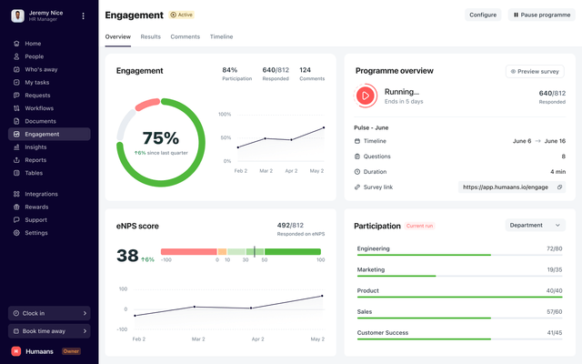 Engagement survey overview dashboard showing score, eNPS, trend, and heat-map