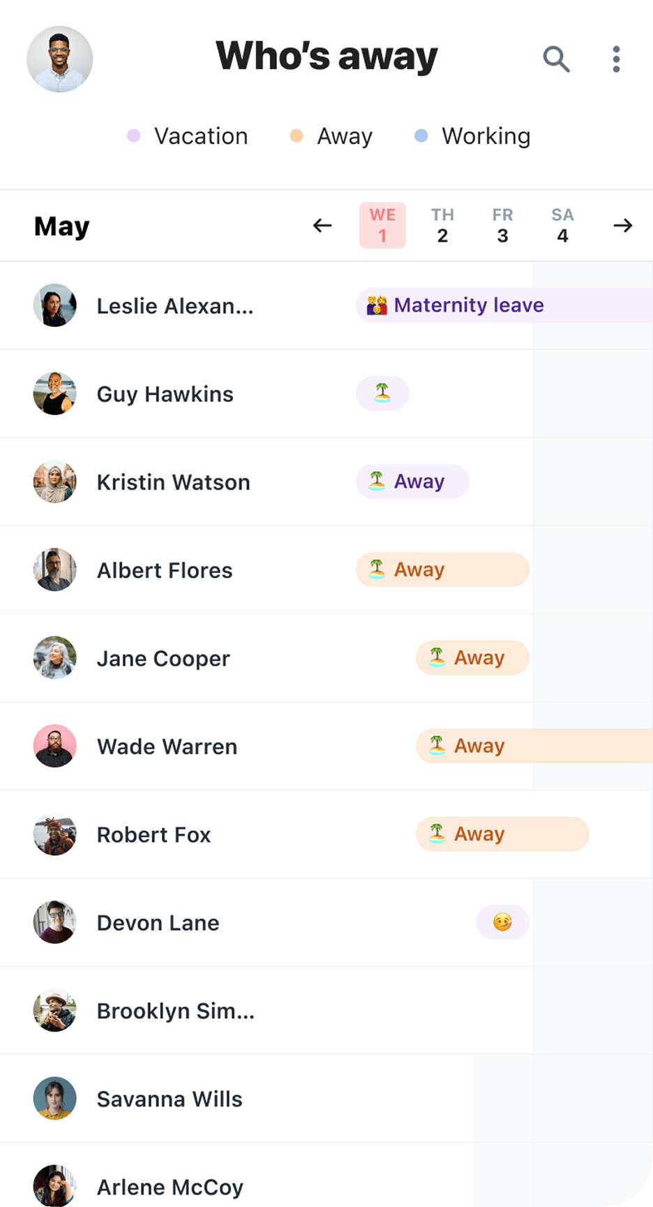 Screenshot of mobile ”Who‘s away” view