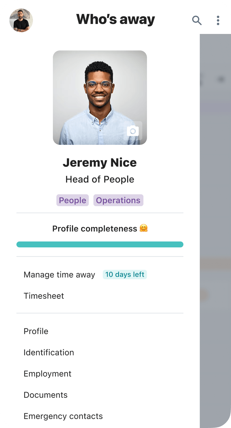 Screenshot of mobile profile view
