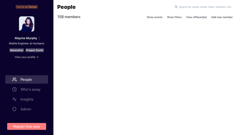 The main screen of Humaans, an employee directory
