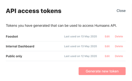 API access token configuration UI