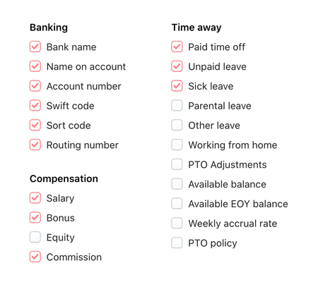 A list of some of the available payroll export fields