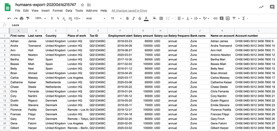 A Google Sheets UI with payroll data imported from Humaans