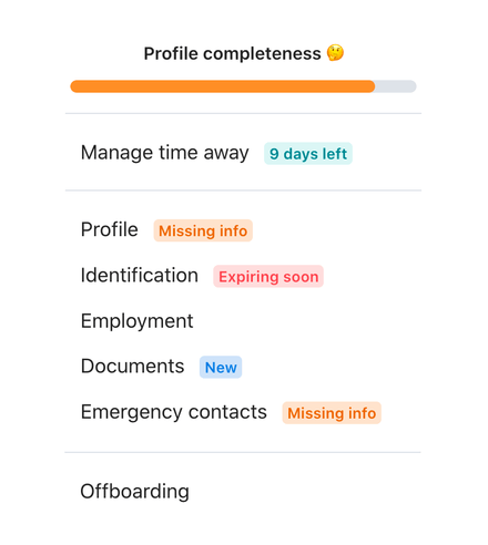 Profile completeness view with missing info label, soon expiring identification label and new documents label