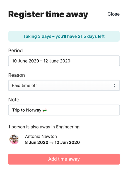 Time off registration form where someone is taking 3 days off