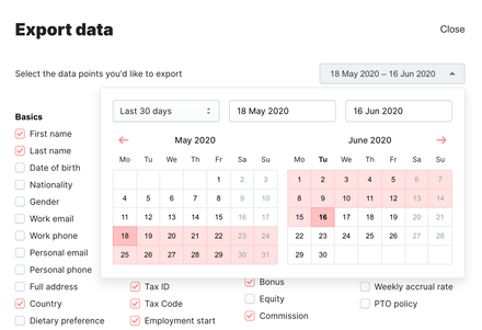 Data export form with the date picker opened