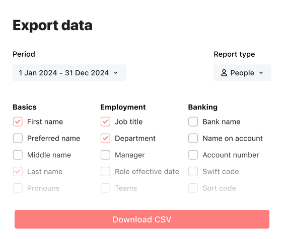 A data export form with the list of available fields