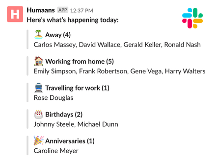Time away Slack integration showing a message with today's events