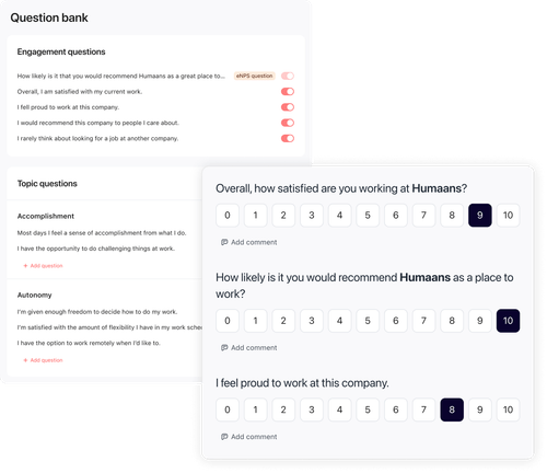 Survey question bank with ready-made engagement and topic questions alongside a survey preview