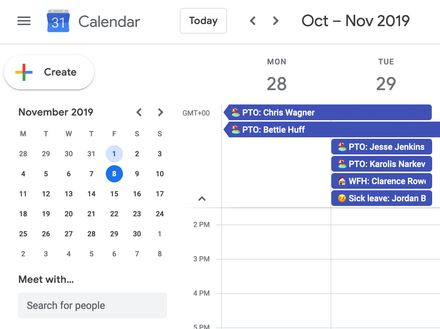 Time away Calendar integration showing time off entries populated in the calendar