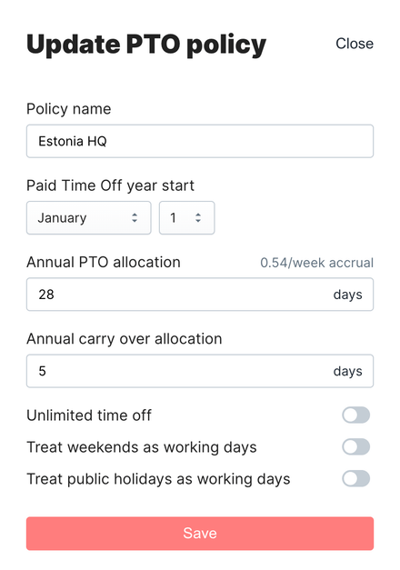 PTO Policy configuration form