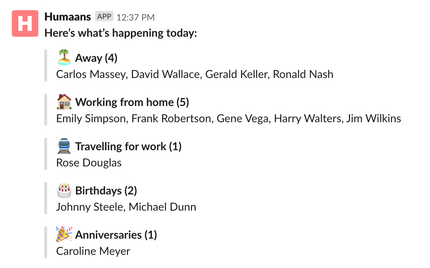 A Humaans Slack message showing today’s people events