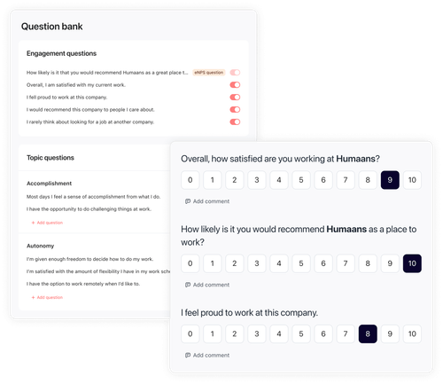 Survey question bank with ready-made engagement and topic questions alongside a survey preview