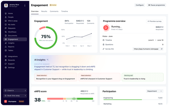 Engagement survey overview dashboard showing score, eNPS, trend, and heat-map