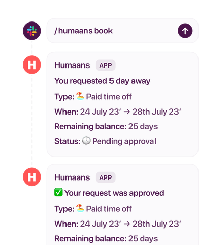 A time off request and approval update in Slack