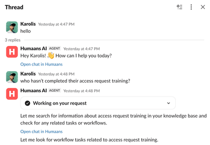 An employee asking Humaans AI Companion for help in a Slack thread