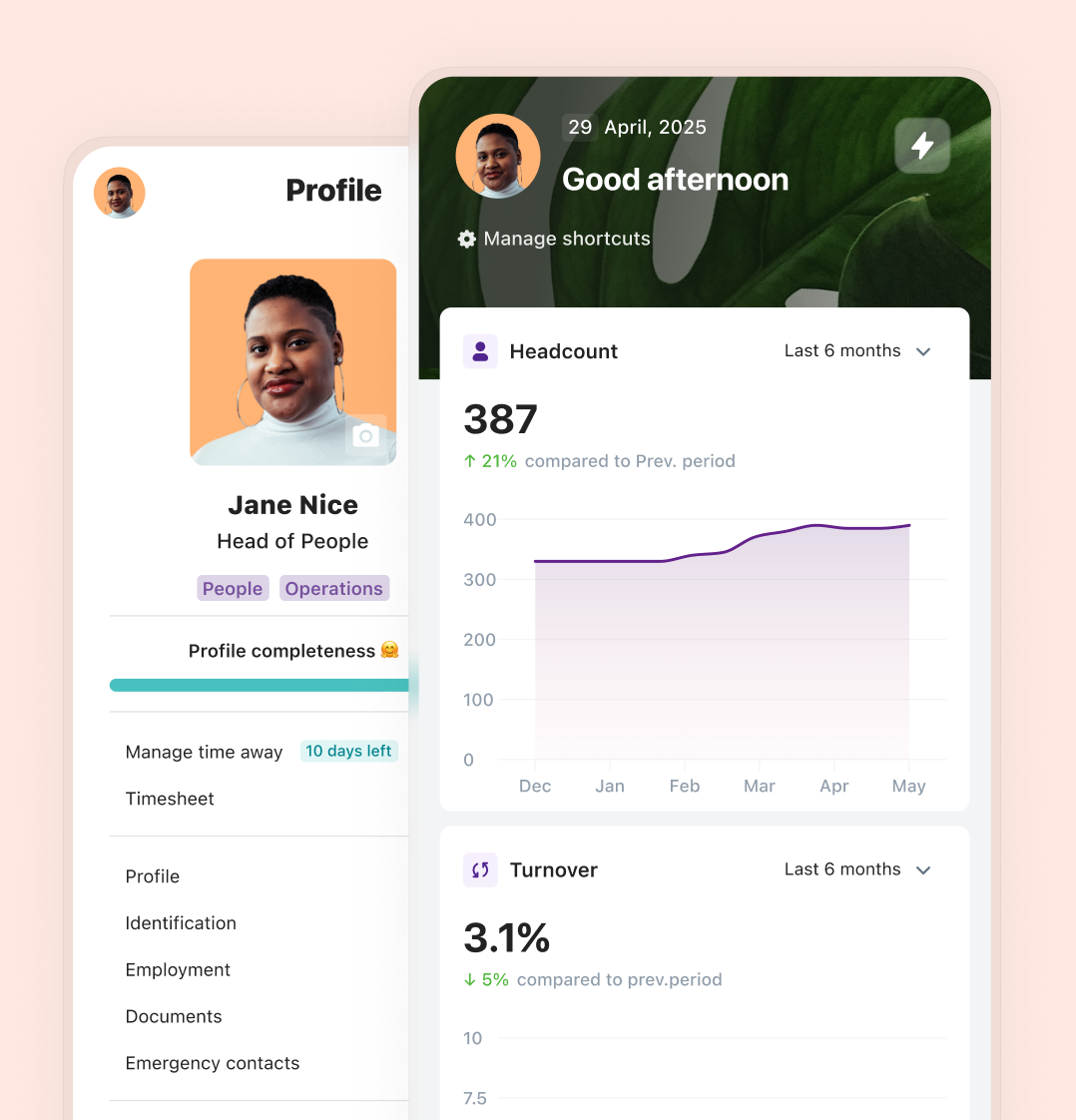 The Humaans app showing an employee profile and a people dashboard with headcount and turnover